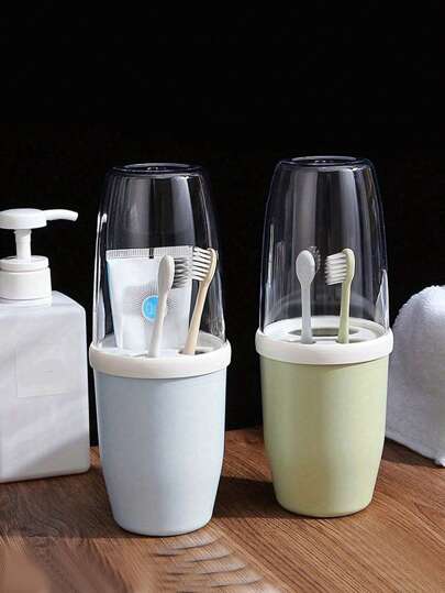 Couple's Creative Toothbrush And Rinse Cup Set With Cover - Portable Travel Toothbrush Holder, Plastic, Toothbrush Storage Set. Bathroom Toothbrush Storage Box. Portable Bathroom Toothbrush Box, Nordic Transparent Design. Portable Travel Toothbrush Carrying Case, Oral Care Tool Storage. Suitable For Outdoor Use, Portable Accessories Storage
