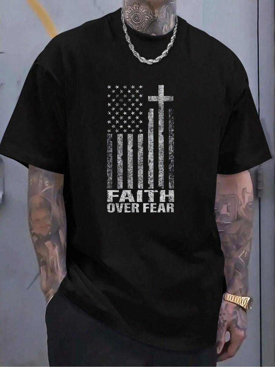 100% Cotton Casual Tshirt Faith Over Fear Cool Christian Flag Cross For ...