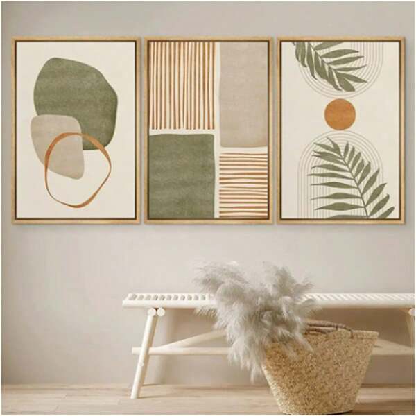 1 pièce Affiches avec cadre optionnel, impressions sur canevas d'art mural de style moderne et simple. Peinture murale d'art moderne avec motifs de feuilles tropicales et formes abstraites, déco bohème