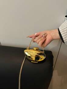 Solid Mirror Acrylic Mini Box Clutch Bag, Elegant Party Handbag, Niche Design Geese Egg Capsule Oval Small Bag For Women, Fashion Shiny Evening Bag, Chain Shoulder Crossbody Bag, Earphone Bag, Lipstick Coin Purse - Gold - View 2