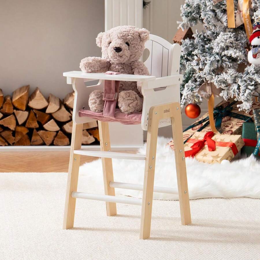 Robotime Robud Wooden Pretend Play High Chair For Dolls – Adjustable Doll Feeding Seat With Cushion & Movable Table – Fits 18-20 Inch Baby Dolls Role-Play Toy For Toddlers & Kids