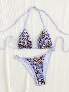 Spring Break Women's Random Print Spaghetti Strap Sexy Bikini Swimwear Sets, Summer Outfits - Blue - View 1