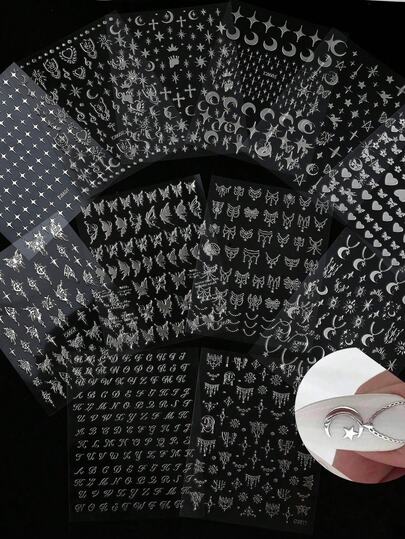 12 hojas de pegatinas de uñas con diseños de estrellas, lunas y mariposas - Pegatinas de uñas 3D de metal plateado autoadhesivas para decoración de uñas, diseños franceses y accesorios de arte de uñas