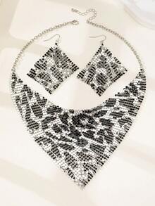 3pcs/Set Grid Pattern Aluminum Alloy Exaggerated Wide Triangular Necklace, Clavicle Chain, And Earrings Jewelry Set, Suitable For Party, Banquet, Wedding, Gift-Giving - Y-shaped Long Chain - View 3