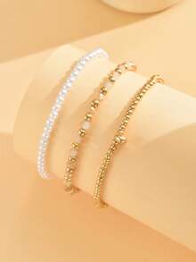 3pcs Bohemian Style ABS Faux Pearl Plastic Beaded Elastic Rope Anklet, Versatile Multi-Color Beach Vacation Retro Anklet Set, Summer Anklet - Gold - View 6