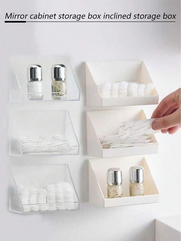 2 Stücke/Set japanischer Stil schräge Aufbewahrungsbox für die Ablage, wandmontiert, ohne Bohren nötig, Aufbewahrungsbox für Wattepads, Kosmetikartikel, Zahnputzbecher, schräge Stil um Herunterfallen zu verhindern