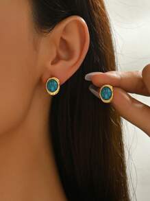 1 par de pendientes vintage elegantes de óvalo con turquesa, color rico, textura fina, diseño sofisticado pero simple, que añade Charm a tu apariencia
