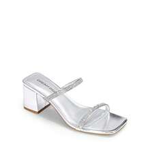 Women Rhinestone Decor Wide-Fit Minimalist Chunky Low Heeled Mule Sandals, Fashion Summer Slip On Comfortable Square Open Toe Sandals - Metallic Silver - View 5
