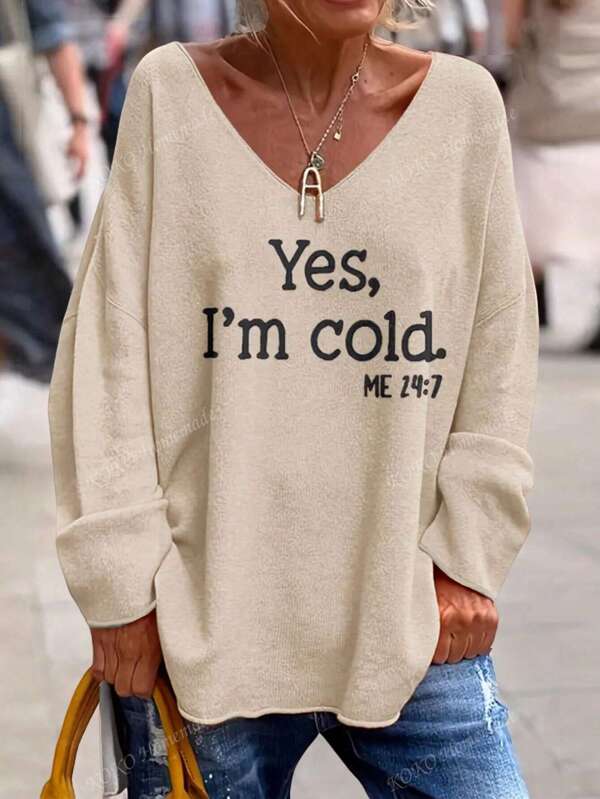 Pull ample à col en V avec motif de lettre, pull ample à manches longues et bord enroulé décontracté, vêtements pour femmes