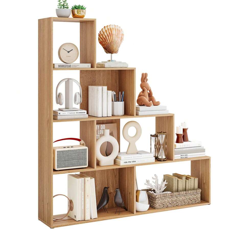 6 Cubes Ladder Shelf Corner Bookshelf Freestanding Storage Bookcase Closet Oak - 1 - View 1