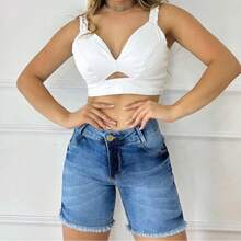 Bermuda Jeans Meia Coxa Cintura Alta Bermuda feminina Com elastano - Azul Royal - Visão 2
