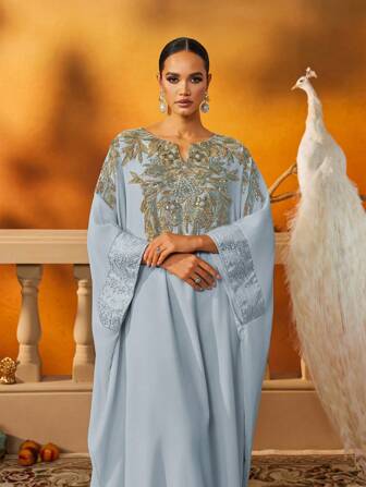 AmazingHoney 优雅的浅蓝色刺绣卡夫坦长袍，饰有金色花卉珠饰，端庄的迪拜拖地长袍，开斋节长袍，伊斯兰派对礼服，穆斯林礼服
