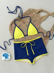 Women's Sexy Bikini Swimsuit, Basic Triangle Bikini, French Style Sports Swim Shorts, Suitable For Vacation - Multicolor - View 7