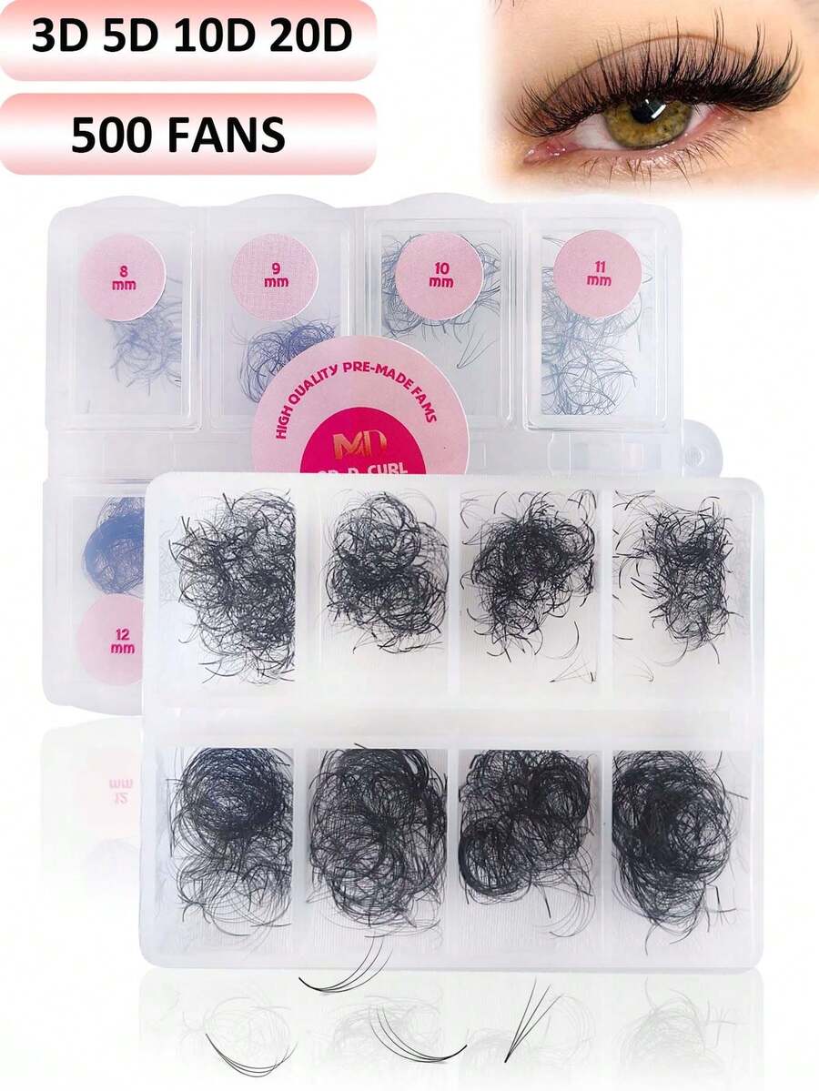 500/1000/2000 片预制假睫毛簇，3D 5D 10D 20D 预制假睫毛簇，8-15mm 混合长度，D 卷度，预制喇叭形假睫毛，细底预制蓬松假睫毛 (0.07 D 8-15mm) - D - 查看 1