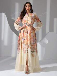 Women's Lantern Sleeve Elegant Floral Print Random Cut Arabic Style Dress