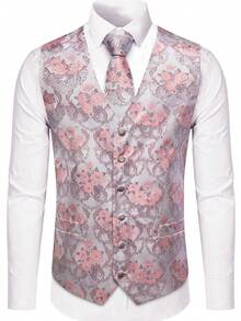 Men's Jacquard Vest Suit Set (Includes Tie, Cuff, Handkerchief)- Elegant Tuxedo Waistcoat For Weddings, Homecoming, Cruise & Formal Events | Dress Vest Jacket With Jacquard Pattern - Pink Flowers - View 6