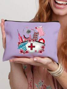 Sac de rangement thème infirmière, sac de beauté, trousse de maquillage avec motif de casquette d'infirmière, tube à aiguille, pilule, sac de perfusion, stéthoscope - Un cadeau parfait pour les infirmières ! Peut ranger les cosmétiques, les outils de beauté, le vernis à ongles, les pilules et d'autres articles, adapté pour sortir