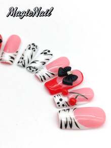 10 Pieces Of Pure Hand-Pressed Wearing Nail, 25mm Square Nail Pieces, Flesh-Colored White Contrast, Flesh-Colored Red Contrast, Hand-Painted Green Lines With Red Rhinestones To Form Cherry Shape, Black Bow Ornaments, Hand-Painted Black Lines, Spots. Spring And Summer Style, Suitable For Daily Leisure Vacations, Wearing During Dances, Banquets, Parties And Other Activities.