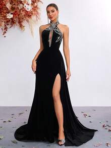 ADYCE Women's Elegant High Neck Rhinestone Embellished Backless Tie-Up Dress With Side Slit, Party/Evening Gown - Black - View 6