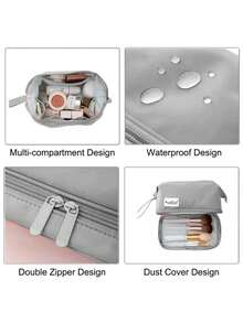 Waterproof Travel Toiletry Bag Double Layer Makeup Cosmetic Bag With Makeup Brush Organizer Compartments - 灰色 - 查看 2