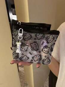 Sanrio 1pc Cute Kitty Velveted Mesh Cosmetic Bag, Portable Data Cable Organizer Pouch, Handheld Carry Bag For Outdoor