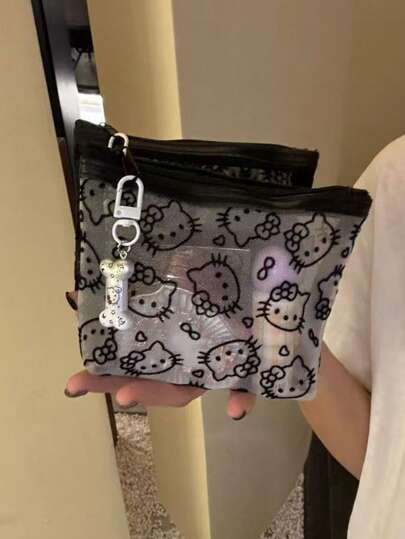 1pc Cute Kitty Velveted Mesh Cosmetic Bag, Portable Data Cable Organizer Pouch, Handheld Carry Bag For Outdoor