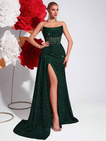 Elisanya Sequin Off Shoulder Hollow-Out Fishbone Prom Dress Ruched High Waist With Ribbon Split Thigh Backless Tie Back Cocktail Party Evening Long Floor Dress, Suit For Wedding Guest, Formal, Graduation And Date Night
