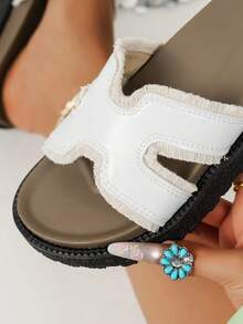 女士露趾厚底防滑拖鞋，夏季海滩休闲舒适一脚蹬凉鞋，新款时尚 - 米色 - 查看 6