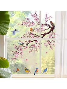 1 件家居装饰迷人粉色花卉和鸟类玻璃窗贴 - 防水，PVC 家居装饰贴纸，现代风格，乙烯基贴花，家居装饰，窗户装饰物品，刷新您的家庭房间装饰墙面装饰个性化墙贴