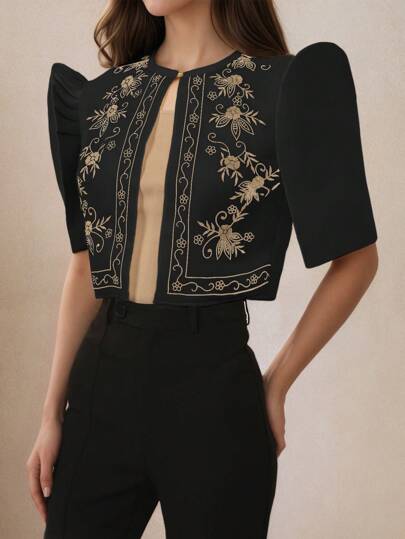 Amyenjoylife Modern Filipiniana Women's Fashionable Solid Color Floral Print Puff Sleeve Top, Spring/Summer