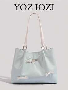 蝴蝶结设计休闲女士手提包，大容量单肩包，多功能通勤手提包，时尚多巴胺蓝色 - 藍色 - 查看 2