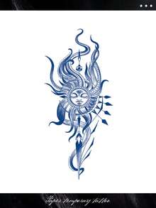 1 件防水临时纹身贴纸，性感太阳脸几何图案，适合男女，一次性人体艺术纹身，适用于腰部/大腿，防汗，持久 7-14 天 - 藍色 - 查看 2