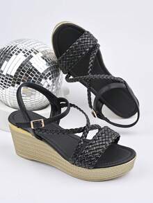 Women's Black Woven Strap Faux Diamond Decor Platform Wedge Sandals, Youth Fashionable Boho Style Casual Versatile Holiday Platform Wedge Sandals - Black - View 8