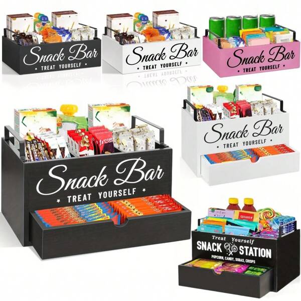 Organisateur de collations pour le comptoir, bacs de rangement de la réserve en bois avec poignées, organisateur de collations pour la réserve, la cuisine, boîte de rangement des aliments à 4 compartiments avec tiroir. Organisateur de réserve pour les collations, les chips