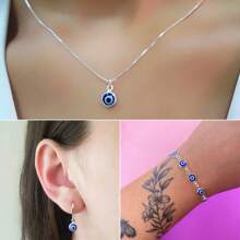 KIT 4 colar com pingente de mau olhado + pulseira + brincos, banhado a prata 925
