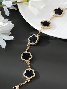 1 件经典设计商务时尚幸运四叶草手链男士 - 黑色 - 查看 3