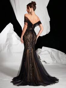 优雅露背亮片吊带美人鱼舞会礼服，正式场合，派对礼服，晚礼服，适合晚宴、婚礼宾客，春季黑色 - 黑色 - 查看 3