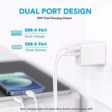 1pc[Bộ sạc tường USB C 2 cổng 20W] Khối sạc nhanh với PD 3.0 & QC, Bộ đổi nguồn bền tương thích với iPhone 16/15/14/13/12/11 Pro Max/XS/X/SE, iPad, Android - Có thể gắn tường cho gia đình, văn phòng, du lịch & quà tặng Thích hợp cho văn phòng, ký túc xá và nhà ở nhiều cổng - Xem 5