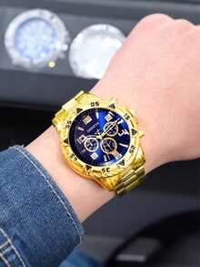 Reloj de pulsera de acero inoxidable de alta gama con 3 esferas, cristal luminoso y esfera redonda para hombres - Multicolor - Ver 9