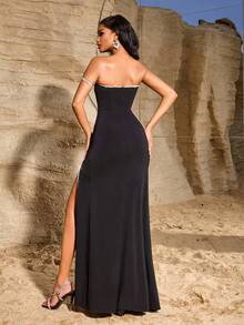 女士优雅针织拼布水钻饰边设计连衣裙，凸显轮廓，采用网眼拼接高开叉长款晚会礼服