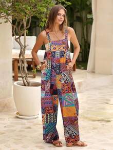 Women's Patchwork Double Pocket Jumpsuit Loose Floral Print Bohemian Wide Leg Bib Jumpsuit - trái cam - Xem 3