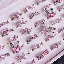 Set de 10 piezas de anillos de corazón y mariposa de circonita sintética rosa elegante, anillos de cóctel ajustables, joyería de moda como regalo para mujeres - 10 anillos de diamantes de imitación rosas al azar - Ver 1
