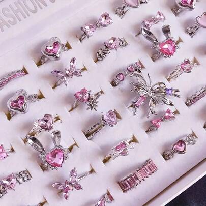 10件套优雅粉色合成锆石心形蝴蝶戒指套装，可调节开口鸡尾酒戒指，时尚珠宝，女士礼品