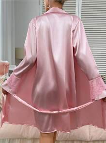 1 pieza Bata de casa negra de manga larga casual, cómoda y transpirable, sexy con lazo, Bata de casa para las cuatro estaciones: verano, otoño, invierno. Vuelta al colegio