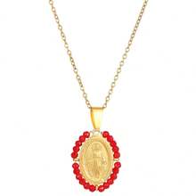 1 pieza Collar con colgante oval retro de la Virgen María de color dorado, cadena de clavícula de acero inoxidable con turquesa verde y multicolor, mejor joya de regalo para mujeres - collar de moda antigua - Ver 13