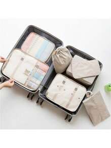 7/8 pièces Ensemble d'organisateur de voyage - Sacs de rangement multifonctionnels, sac à pinceaux de maquillage, sac à cosmétiques, sac à produits de soins de la peau, sac à vêtements, sacs à fermeture éclair, sac fourre-tout, sac à mailles, sac à chaussures, sac à bouteille, sac à cordon, sac général, sac à lingerie, organiseur de bagage, organiseur de bijoux, trousse de toilette. Grande capacité, portable, maille, gain de place, convient au rangement des vêtements, pantalons, sous-vêtements, cosmétiques, articles de toilette, chaussures, nécessités quotidiennes, organisation des voyages