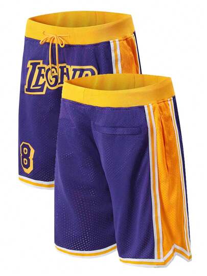 Atonmore Men's Basketball Pants 8/24 Purple Retro Mesh Embroidered Zipper Pocket Casual Sports Shorts