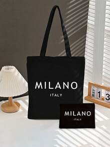 Canvas Shoulder Bag,MILANO ITALY Tote Bag And A Printed Small Bag,Personalized Wedding Gift Bag For Female Bridesmaids, Makeup Bag, Travel Simple Storage Bag, Solid Color Cosmetics Wallet, Large Capacity Travel Makeup Bag - Multicolor - View 10