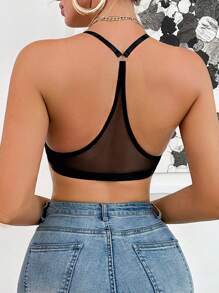 1 pieza Camiseta sin mangas negra pura con cierre delantero acanalado para mujer