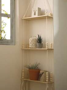 1 pièce d'étagère murale de style bohème tressée à la main - étagère murale flottante en bois avec perles en bois, convient pour la décoration de style ferme, étagère suspendue vintage pour la chambre, le salon, la chambre d'enfant, pour tenir des plantes en pot, vases, cristaux, quartz, décorations